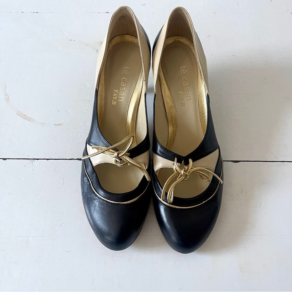 Té Casan Faye B Limited Edition Black Cream Gold Court Heel Pump EU 38 - Picture 4 of 9